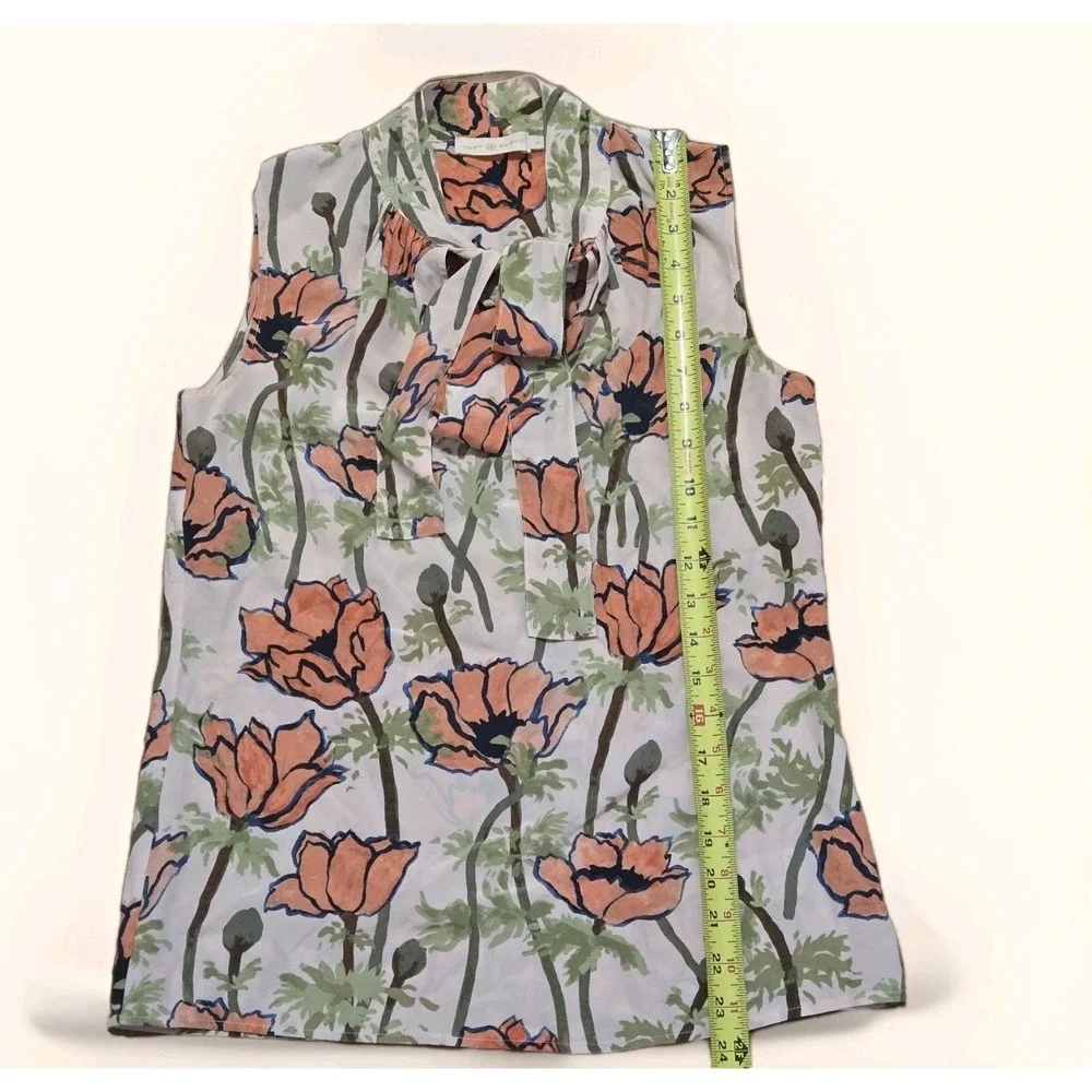 Tory Burch‎ Silk Floral Tie Neck Blouse Size 0 Sleeveless Poppy Print
